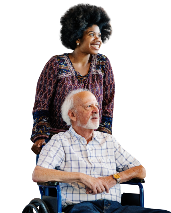 caregiver and an elderly man on a wheelchair strolling outside